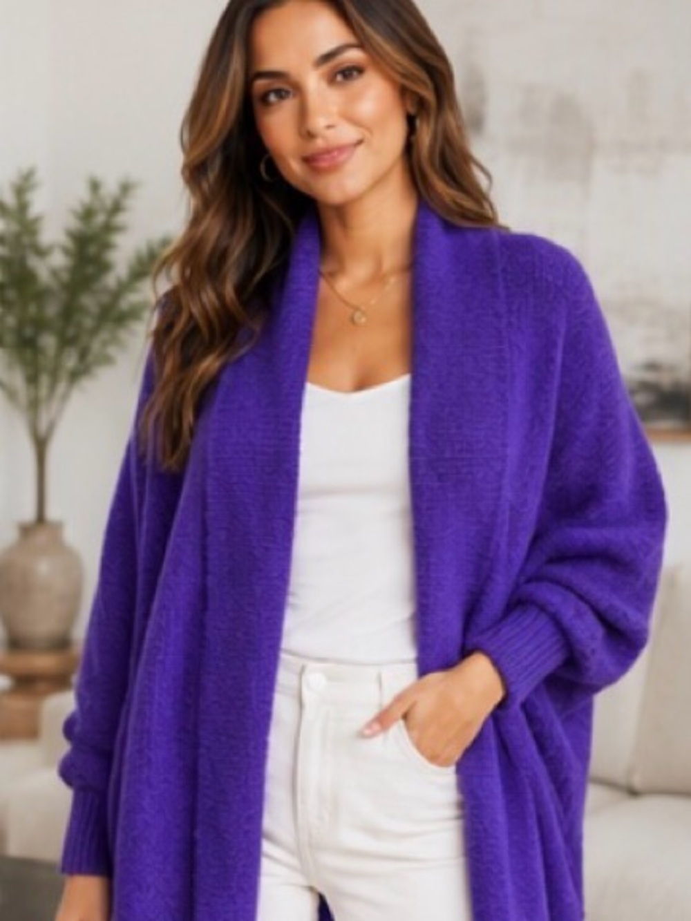 NWT BABY ALPACA CARDIGAN PURPLE OPEN FRONT SHAWL COLLAR Made in Peru S/M LUXARY - Picture 3 of 15